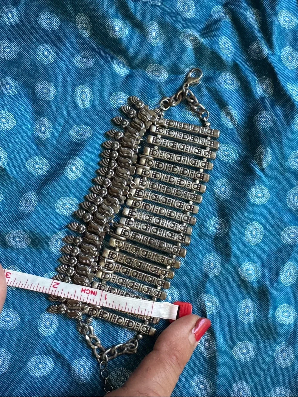 Ornate Silver Tone Wide Cuff Bracelet Boho Tribal Statement Fringe
